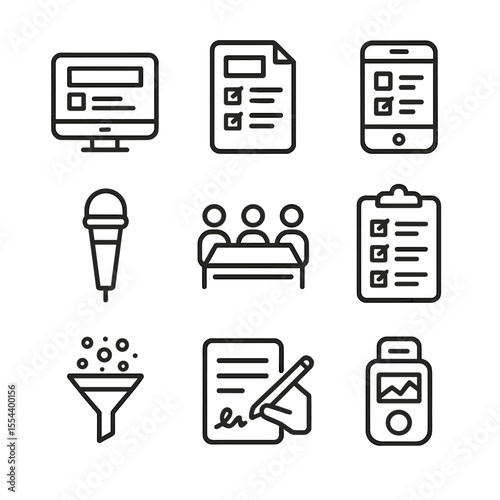 Data Collection Icons. Outline icon set of Data Collection and Survey Methods: online form, paper questionnaire, mobile survey