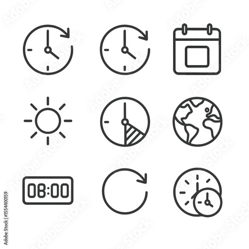Daylight Saving Icons. Outline icon set of Daylight Saving Time: clock with forward arrow, clock with backward arrow, calendar
