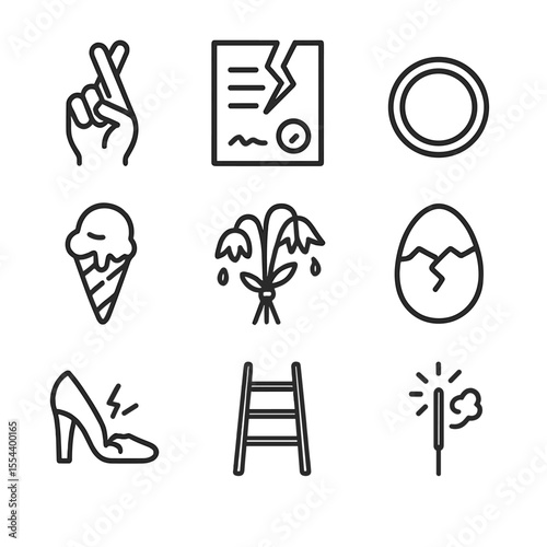 Icons of Empty Promises. Outline icon set of Empty Promises: crossed fingers, broken contract, hollow ring, melting ice cream cone