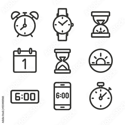 Dawn Timekeeping Icons. Outline icon set of dawn timekeeping: alarm clock, wristwatch, sundial, calendar page showing date,
