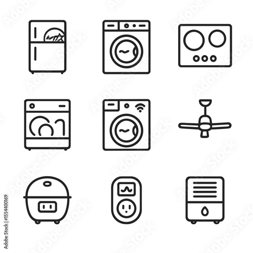 Energy-Efficient Appliance Icons. Outline icon set of energy-efficient appliances: ENERGY STAR refrigerator, front-load washer,