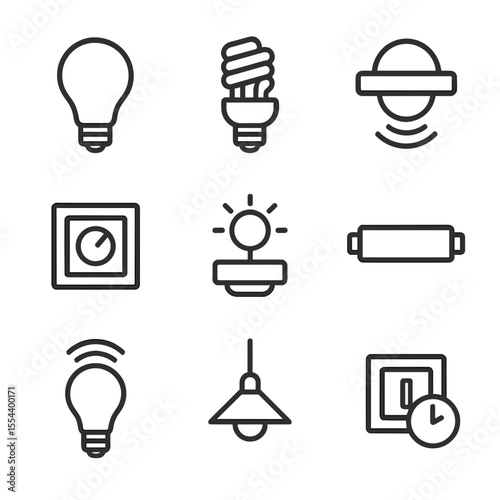 Energy-Efficient Lighting Icons. Outline icon set of energy-efficient lighting: LED bulb, CFL lamp, motion sensor, dimmer switch,