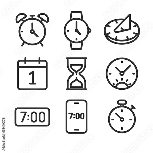 Dawn Timekeeping Icons. Outline icon set of dawn timekeeping: alarm clock, wristwatch, sundial, calendar page showing date,