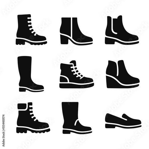 Stylish Fall Footwear Icons. Solid, filled icons set of stylish footwear for fall: lace-up boots, suede ankle