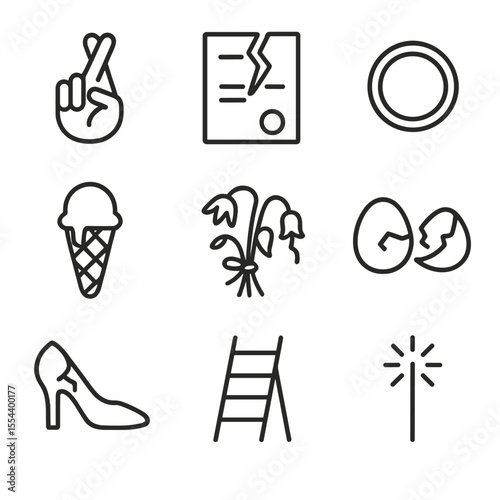 Icons of Empty Promises. Outline icon set of Empty Promises: crossed fingers, broken contract, hollow ring, melting ice cream cone