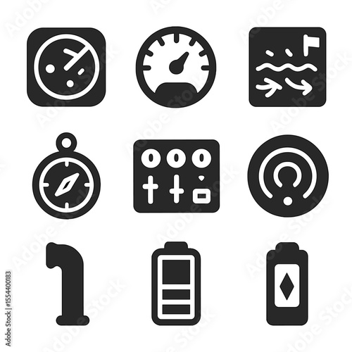 Submarine Navigation Icons. Solid, filled icons set of submarine navigation: navigation sonar, depth indicator