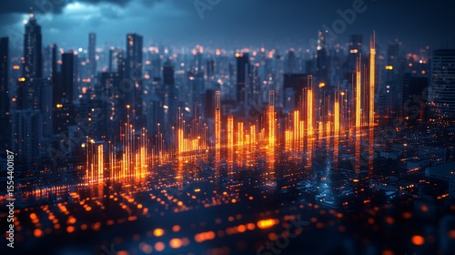 holographic business chart innovation, futuristic finance and technology background, ai data visualization in urban cityscape