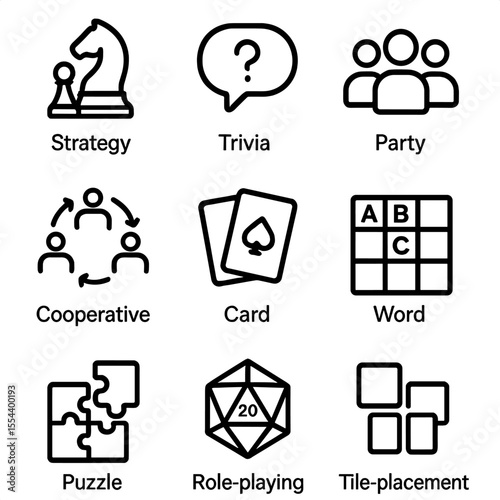Board Game Icons. Outline icon set of popular board game genres: strategy game, trivia game, party game, cooperative game, card