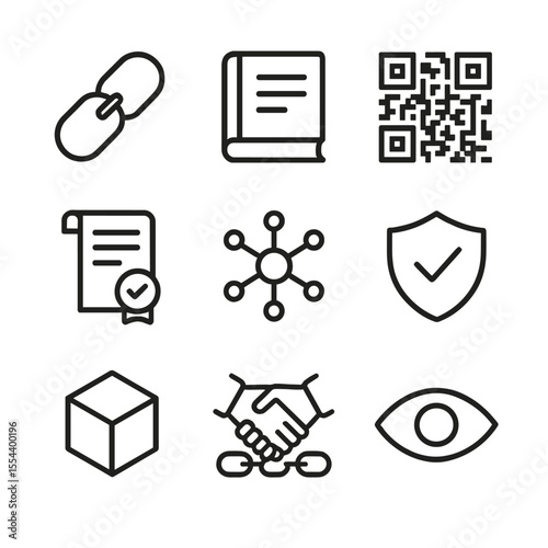 Blockchain Icon Set. Outline icon set of Blockchain Transparency: blockchain chain link, digital ledger book, QR code, smart