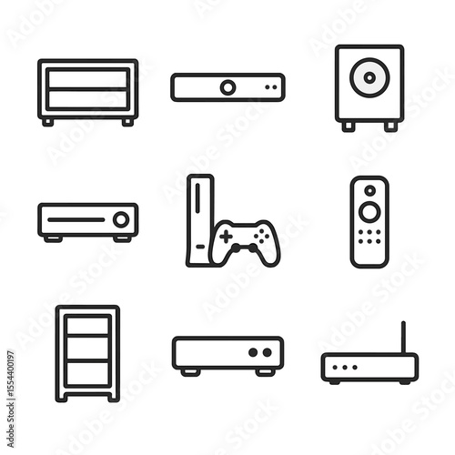 Entertainment Center Icons. Outline icon set of Entertainment Center Components: TV stand silhouette, soundbar, subwoofer, DVD