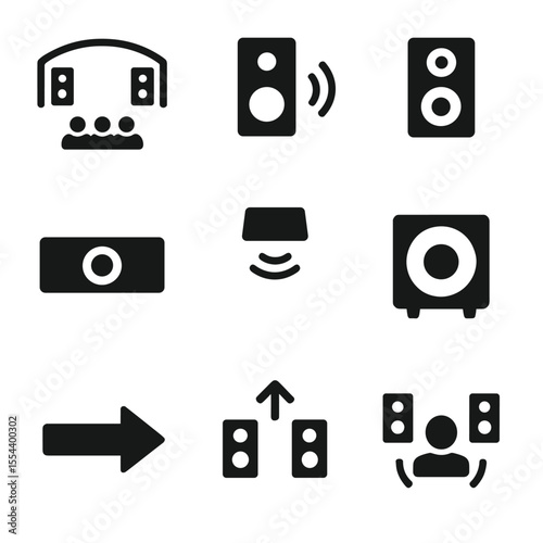 Surround Sound Icons. Solid, filled icons set of surround sound placement: stage diagram, rear speaker, front