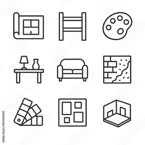 Set Design Icons. Outline icon set of Set Design and Art Direction: blueprint, shelving unit, paint palette, prop table, furniture