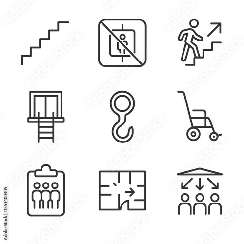 Evacuation Drill Icons. Outline icon set of high-rise evacuation drills: fire escape stair, elevator prohibited icon, evacuation
