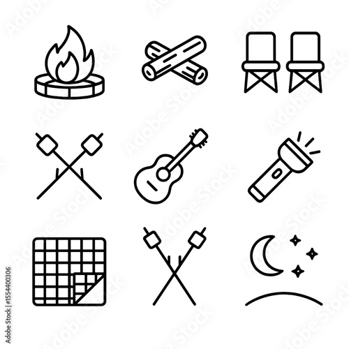 Bonfire Gathering Icons. Outline icon set of Bonfire gathering: firepit, logs, camp chairs, roasting sticks, guitar, flashlight,
