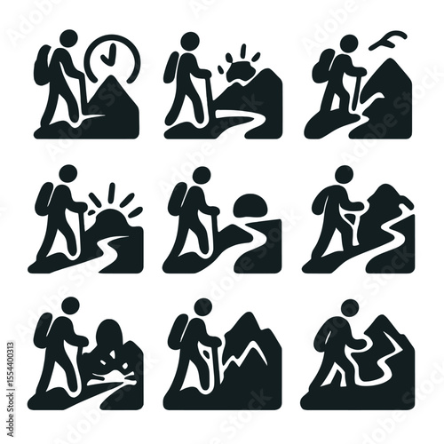 Sunrise Sunset Icon Set. Solid, filled icons set of sunrise and sunset hikes: early start icon, golden sky,