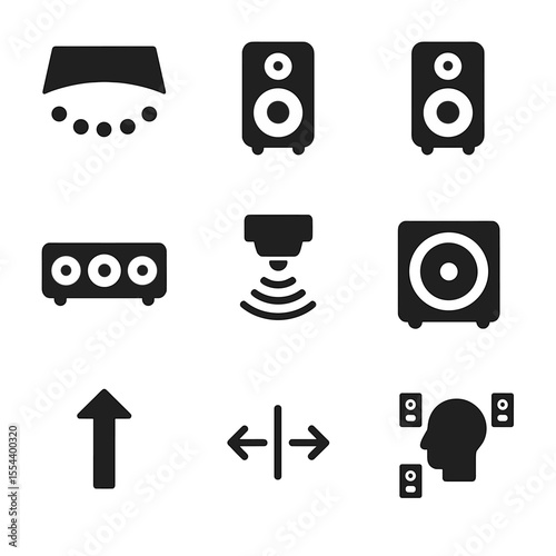 Surround Sound Icons. Solid, filled icons set of surround sound placement: stage diagram, rear speaker, front