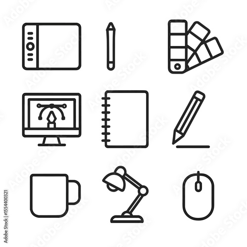 Design Desk Icons. Outline icon set of graphic design desk: drawing tablet, stylus pen, color palette, monitor with design,