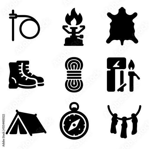 Survivalist Icon Set. Solid, filled icons set of survivalist lifestyle: trap wire, camp stove, animal hide,