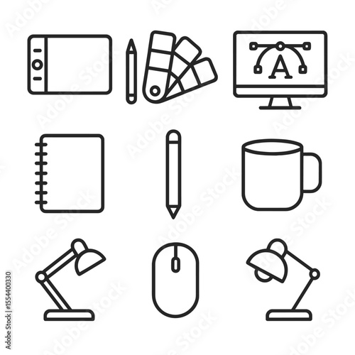 Design Desk Icons. Outline icon set of graphic design desk: drawing tablet, stylus pen, color palette, monitor with design,