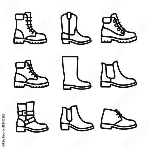 Boot Icon Set. Outline icon set of worn boot styles: combat boot, cowboy boot, hiking boot, work boot, rain boot, Chelsea boot,