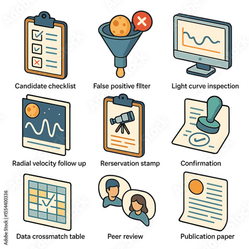 Exoplanet Validation Icons. Isometric Flat icon set of exoplanet candidate validation: candidate checklist, false positive filter,