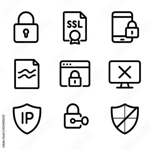 Exam Security Icons. Outline icon set of exam security measures: padlock, SSL certificate, two-factor authentication, watermark