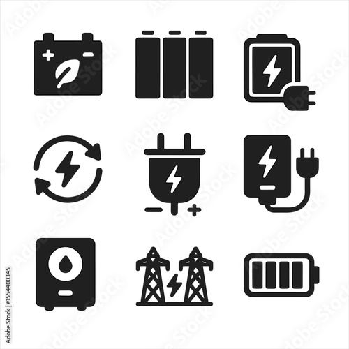 Sustainable Energy Icons. Solid, filled icons set of sustainable energy storage: lithium battery, battery bank