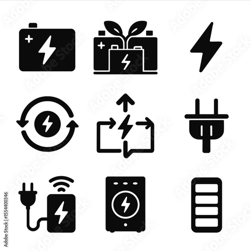 Sustainable Energy Icons. Solid, filled icons set of sustainable energy storage: lithium battery, battery bank