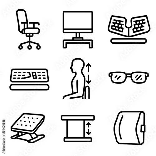 Desk Ergonomics Icons. Outline icon set of desk ergonomics: adjustable chair, monitor stand, ergonomic keyboard, wrist rest,