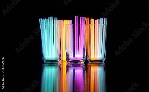 The use of colorful glow sticks to illuminate drinks in a dark environment, combined with bright straws, results in a festive and vibrant atmosphere