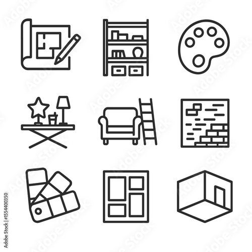Set Design Icons. Outline icon set of Set Design and Art Direction: blueprint, shelving unit, paint palette, prop table, furniture