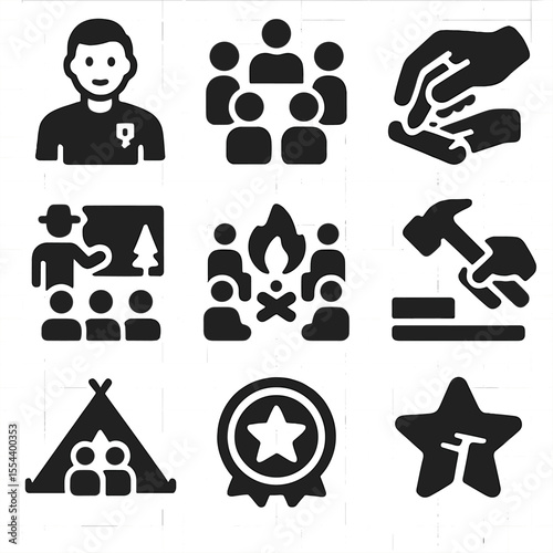 Survival Skills Icons. Solid, filled icons set of survival skill workshops: instructor icon, group circle,