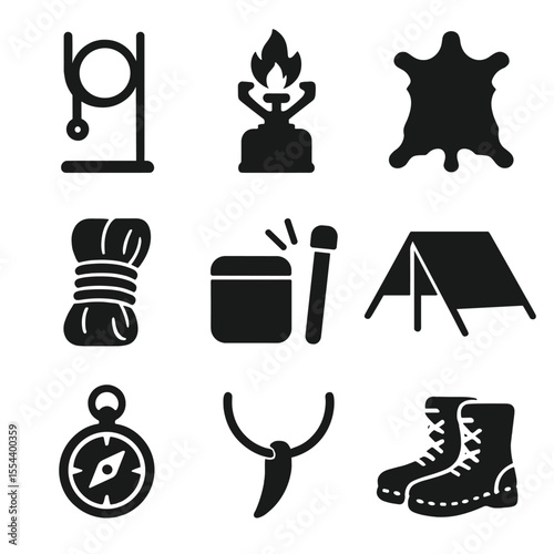 Survivalist Icon Set. Solid, filled icons set of survivalist lifestyle: trap wire, camp stove, animal hide,