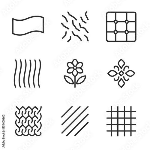Fabric Texture Icons. Outline icon set of Deluxe Fabric Textures: smooth velvet, crushed velvet, tufted velvet, pleated fabric,