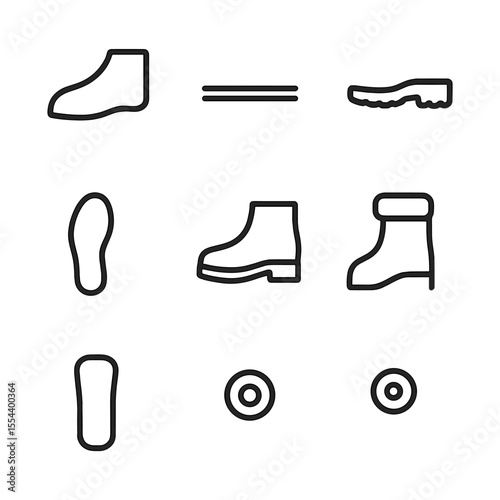 Boot Anatomy Icons. Outline icon set of boot parts anatomy: vamp, welt, outsole, insole, heel, shaft, collar, tongue, eyelet. Line