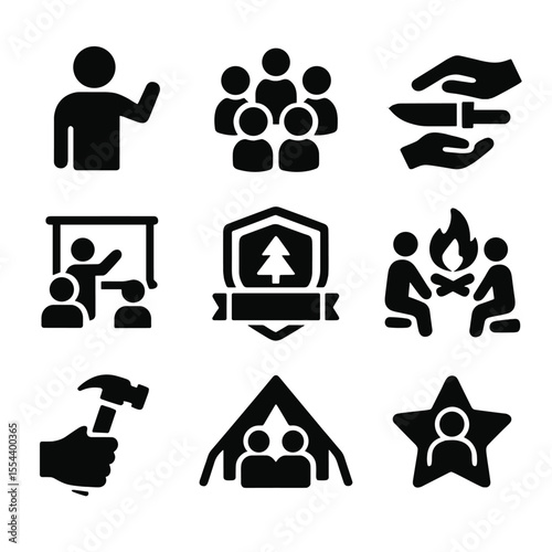 Survival Skills Icons. Solid, filled icons set of survival skill workshops: instructor icon, group circle,