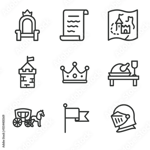 Fairy Tale Icon Set. Outline icon set of fairy tale king’s realm: throne, royal decree scroll, kingdom map, castle turret, magical