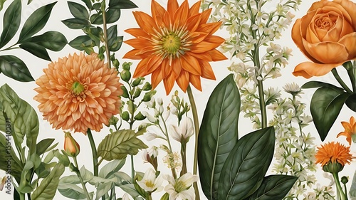 Botanical Arrangement with Orange Flowers and Green Leaves Elegant Floral Composition for Print and Decorative Purposes