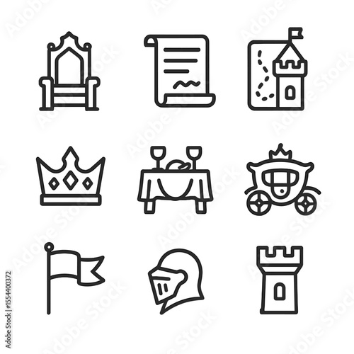 Fairy Tale Icon Set. Outline icon set of fairy tale king’s realm: throne, royal decree scroll, kingdom map, castle turret, magical