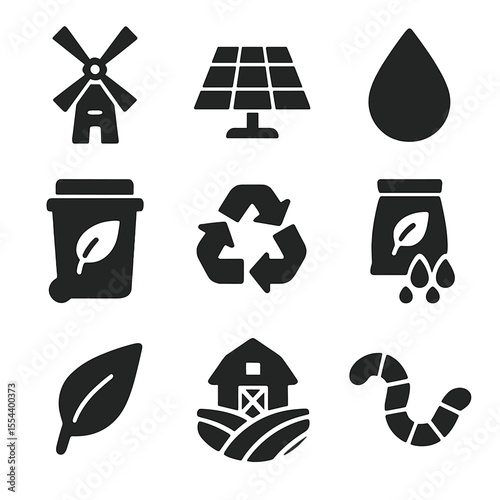 Sustainable Agriculture Icons. Solid, filled icons set of sustainable agriculture: windmill, solar panel,