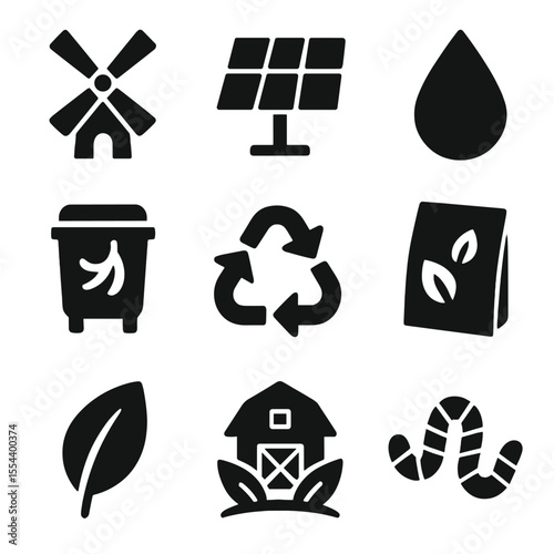 Sustainable Agriculture Icons. Solid, filled icons set of sustainable agriculture: windmill, solar panel,