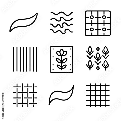 Fabric Texture Icons. Outline icon set of Deluxe Fabric Textures: smooth velvet, crushed velvet, tufted velvet, pleated fabric,