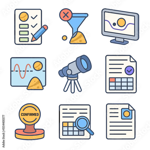 Exoplanet Validation Icons. Isometric Flat icon set of exoplanet candidate validation: candidate checklist, false positive filter,