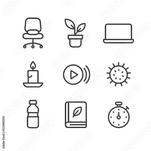 Desk Meditation Icon Set. Outline icon set of desk meditation moment: office chair with cushion, desktop plant, closed laptop,