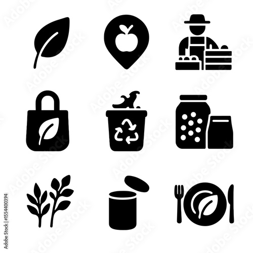 Sustainable Food Icons. Solid, filled icons set of sustainable food choices: plant-based icon, local produce,