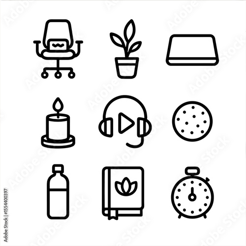 Desk Meditation Icon Set. Outline icon set of desk meditation moment: office chair with cushion, desktop plant, closed laptop,
