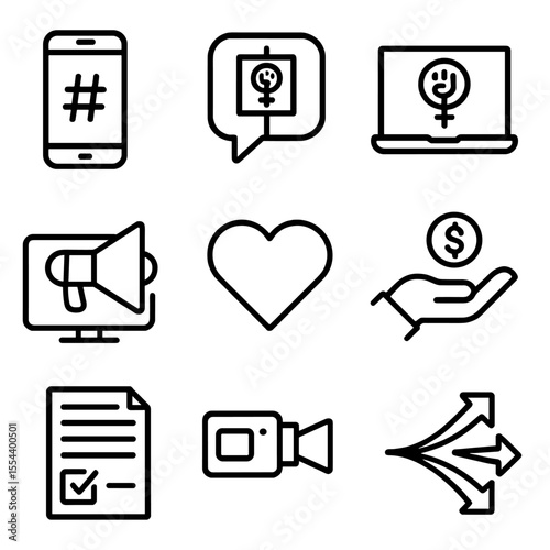 Feminist Activism Icons. Outline icon set of digital feminist activism: smartphone with hashtag, protest tweet bubble, laptop with