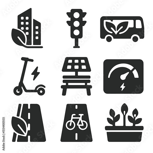 Sustainable Urban Icons. Solid, filled icons set of sustainable city design: eco skyscraper, smart traffic
