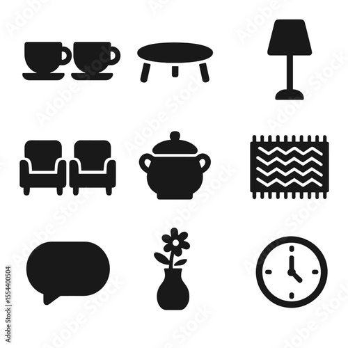 Tea and Talk Icons. Solid, filled icons set of tea and talk corner: teacup duo, low round table, armchairs,