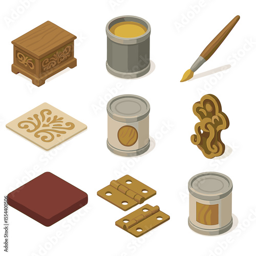 DIY Coffer Icon Set. Isometric Flat icon set of DIY wooden coffer painting: ornate wooden coffer, gold accent paint pot, fine